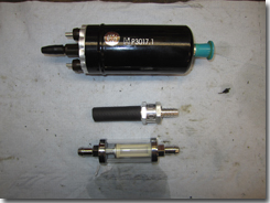 Top to bottom, Sytec high pressure fuel Pump, one way check valve and low pressure filter - Click for larger image